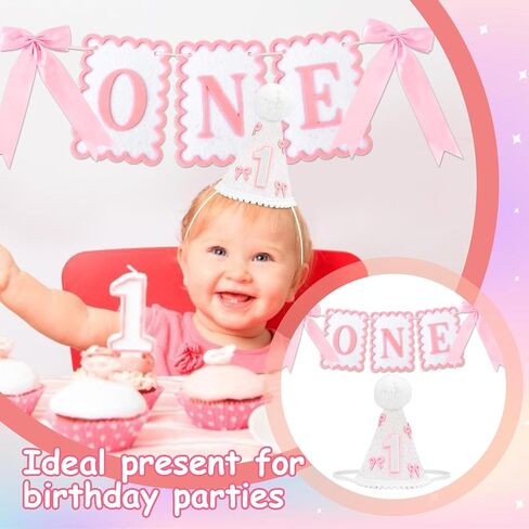 1st Birthday Hat and Bow Highchair Banner for Girls' One Year Old Birthday Party Decorations, First Crown Pink and White One Banner for 1st Girls' Outfit Party Decor Photo Props in Saudi Arabia