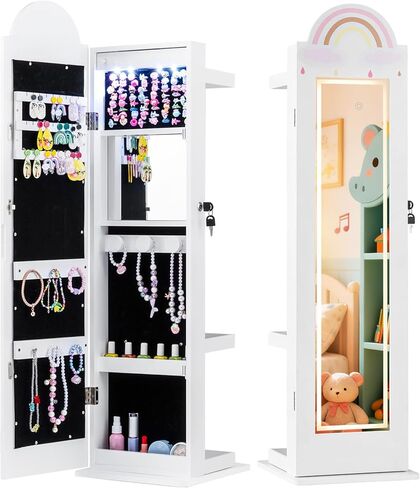 HONEY JOY Kids Jewelry Cabinet with LED Lights, Rainbow Standing Jewelry Armoire w/Full-Length Mirror & Makeup Mirror, Ring Slot, Lockable Princess Jewelry Organizer Storage for Toddler Girls(White) in Saudi Arabia