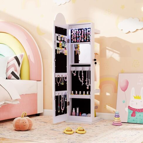 HONEY JOY Kids Jewelry Cabinet with LED Lights, Rainbow Standing Jewelry Armoire w/Full-Length Mirror & Makeup Mirror, Ring Slot, Lockable Princess Jewelry Organizer Storage for Toddler Girls(White) in Saudi Arabia
