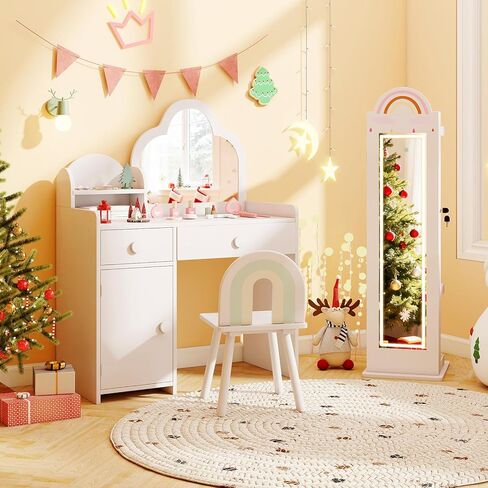 HONEY JOY Kids Jewelry Cabinet with LED Lights, Rainbow Standing Jewelry Armoire w/Full-Length Mirror & Makeup Mirror, Ring Slot, Lockable Princess Jewelry Organizer Storage for Toddler Girls(White) in Saudi Arabia