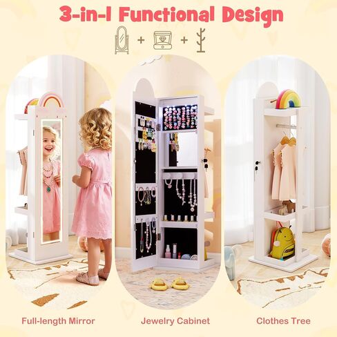 HONEY JOY Kids Jewelry Cabinet with LED Lights, Rainbow Standing Jewelry Armoire w/Full-Length Mirror & Makeup Mirror, Ring Slot, Lockable Princess Jewelry Organizer Storage for Toddler Girls(White) in Saudi Arabia