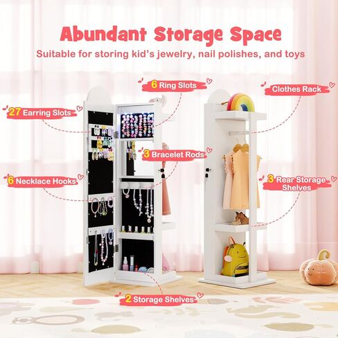 HONEY JOY Kids Jewelry Cabinet with LED Lights, Rainbow Standing Jewelry Armoire w/Full-Length Mirror & Makeup Mirror, Ring Slot, Lockable Princess Jewelry Organizer Storage for Toddler Girls(White) in Saudi Arabia