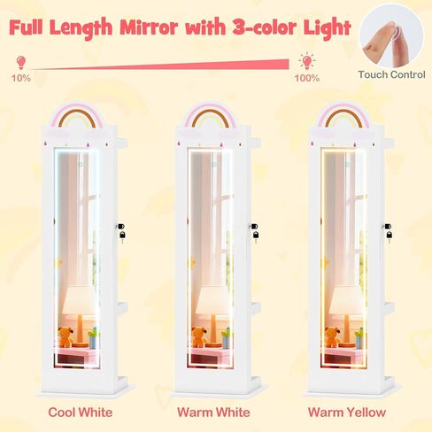 HONEY JOY Kids Jewelry Cabinet with LED Lights, Rainbow Standing Jewelry Armoire w/Full-Length Mirror & Makeup Mirror, Ring Slot, Lockable Princess Jewelry Organizer Storage for Toddler Girls(White) in Saudi Arabia
