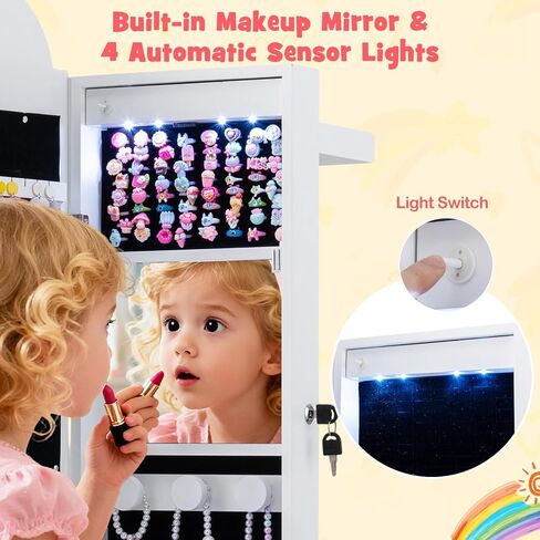 HONEY JOY Kids Jewelry Cabinet with LED Lights, Rainbow Standing Jewelry Armoire w/Full-Length Mirror & Makeup Mirror, Ring Slot, Lockable Princess Jewelry Organizer Storage for Toddler Girls(White) in Saudi Arabia