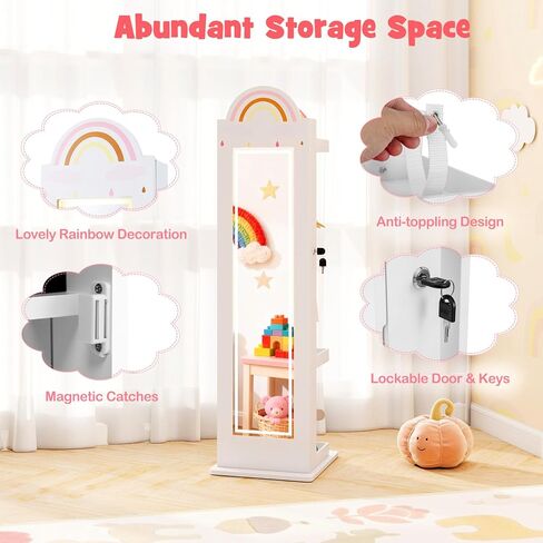 HONEY JOY Kids Jewelry Cabinet with LED Lights, Rainbow Standing Jewelry Armoire w/Full-Length Mirror & Makeup Mirror, Ring Slot, Lockable Princess Jewelry Organizer Storage for Toddler Girls(White) in Saudi Arabia