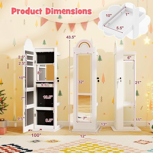 HONEY JOY Kids Jewelry Cabinet with LED Lights, Rainbow Standing Jewelry Armoire w/Full-Length Mirror & Makeup Mirror, Ring Slot, Lockable Princess Jewelry Organizer Storage for Toddler Girls(White) in Saudi Arabia