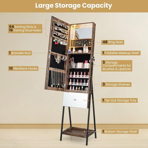 GOFLAME Standing Jewelry Cabinet Armoire, 65" Lockable Jewelry Storage Organizer with Full-Length Mirror, Inner Makeup Mirror with 3-Color LED Lights, Foldable Makeup Shelf, Bottom Shelf, Rustic Brown in Saudi Arabia