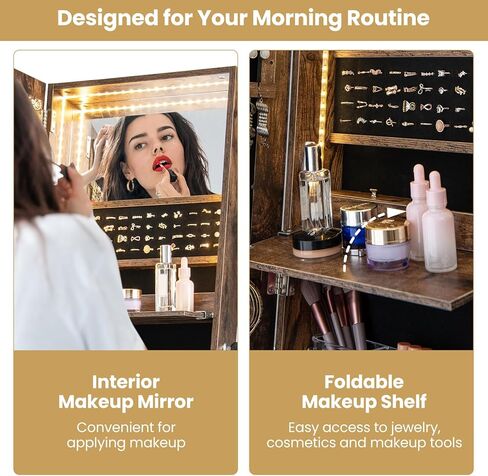 GOFLAME Standing Jewelry Cabinet Armoire, 65" Lockable Jewelry Storage Organizer with Full-Length Mirror, Inner Makeup Mirror with 3-Color LED Lights, Foldable Makeup Shelf, Bottom Shelf, Rustic Brown in Saudi Arabia