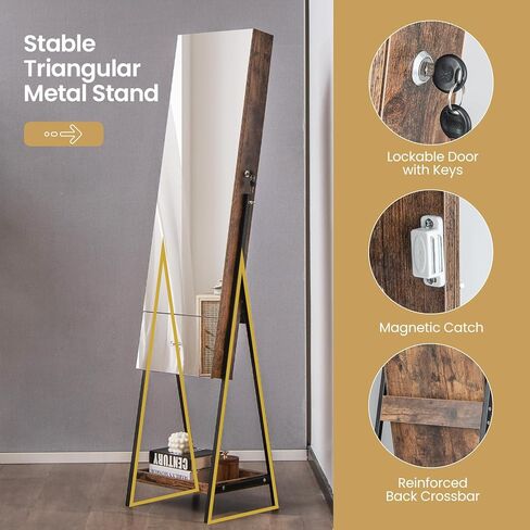GOFLAME Standing Jewelry Cabinet Armoire, 65" Lockable Jewelry Storage Organizer with Full-Length Mirror, Inner Makeup Mirror with 3-Color LED Lights, Foldable Makeup Shelf, Bottom Shelf, Rustic Brown in Saudi Arabia