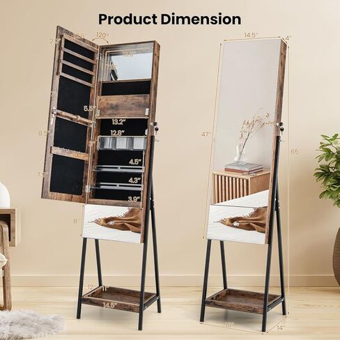 GOFLAME Standing Jewelry Cabinet Armoire, 65" Lockable Jewelry Storage Organizer with Full-Length Mirror, Inner Makeup Mirror with 3-Color LED Lights, Foldable Makeup Shelf, Bottom Shelf, Rustic Brown in Saudi Arabia