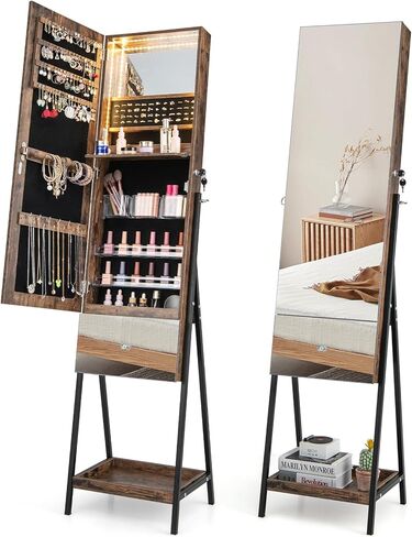 GOFLAME Standing Jewelry Cabinet Armoire, 65" Lockable Jewelry Storage Organizer with Full-Length Mirror, Inner Makeup Mirror with 3-Color LED Lights, Foldable Makeup Shelf, Bottom Shelf, Rustic Brown in Saudi Arabia