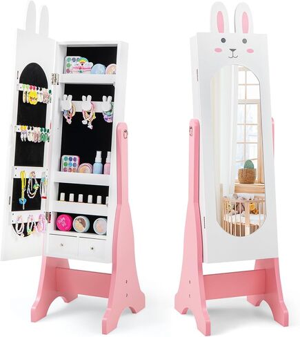 HONEY JOY Kids Jewelry Cabinet with LED Lights, Rainbow Standing Jewelry Armoire w/Full-Length Mirror & Makeup Mirror, Ring Slot, Lockable Princess Jewelry Organizer Storage for Toddler Girls(White) in Saudi Arabia