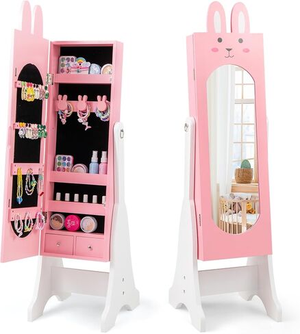 HONEY JOY Kids Jewelry Cabinet with LED Lights, Rainbow Standing Jewelry Armoire w/Full-Length Mirror & Makeup Mirror, Ring Slot, Lockable Princess Jewelry Organizer Storage for Toddler Girls(White) in Saudi Arabia