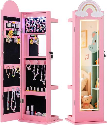 HONEY JOY Kids Jewelry Cabinet with LED Lights, Rainbow Standing Jewelry Armoire w/Full-Length Mirror & Makeup Mirror, Ring Slot, Lockable Princess Jewelry Organizer Storage for Toddler Girls(White) in Saudi Arabia