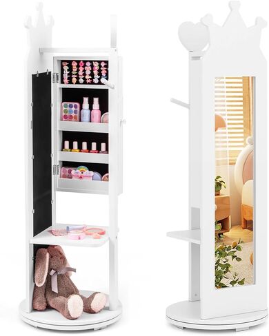HONEY JOY Kids Jewelry Cabinet with LED Lights, Rainbow Standing Jewelry Armoire w/Full-Length Mirror & Makeup Mirror, Ring Slot, Lockable Princess Jewelry Organizer Storage for Toddler Girls(White) in Saudi Arabia