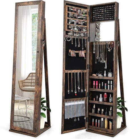 COSTWAY Standing Jewelry Cabinet, Large Capacity Jewelry Organizer w/Full-Length Mirror & Rear Storage Shelves, Lockable Mirror Jewelry Armoire with Keys for Girls Women (White) in Saudi Arabia