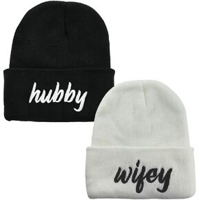 2 PCS Hubby and Wifey Beanie for Men Women, Acrylic Embroidered Couple Gifts Knit Cuff Beanies Hat in Kuwait