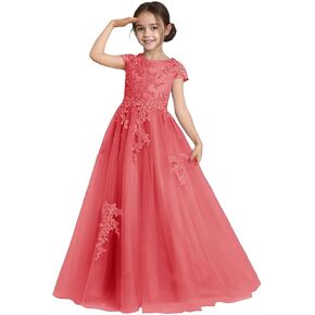 Flower Girl Dress for Wedding Lace Applique Tulle Cap Sleeves Crew Neck Satin A-Line Long Puffy Pageant Ball Gowns in Kuwait