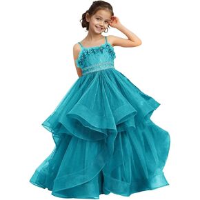 Lace Applique Flower Girl Dress for Wedding Sleeveless Spaghetti Strap Tiered Tulle A-Line Long Puffy Ball Gowns in Kuwait