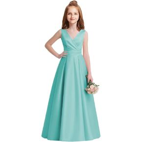 Junior Bridesmaid Dresses Satin V-Neck Flower Girl Dress Pleated Prom Dresses for Teen Girls Formal Dress with Bow A-Line in Kuwait