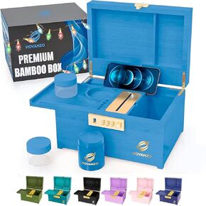 صندوق خيزران كبير ممتاز مطور من HOVANZO - صندوق تخزين مزخرف بقفل مع قفل مركب - طقم خشبي مع غطاء - تخزين قفل خشبي مع صينية وبرطمانات قابلة للإزالة in Kuwait