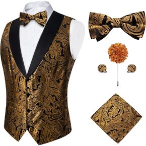 DiBanGu Mens Vest and Bowtie Set Silk Paisley Waistcoat and Bowtie Pocket Square Cufflinks with Lapel Pin for Wedding Party in Kuwait