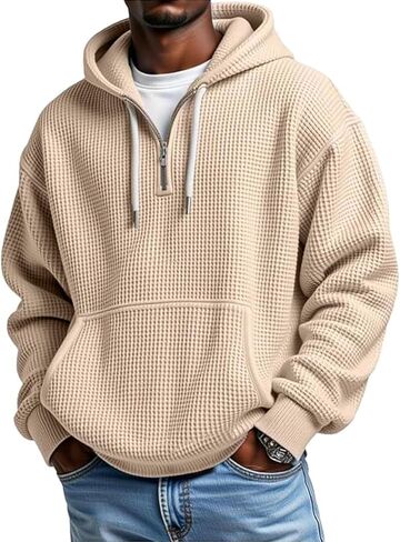 Quarter Zip Pullover Men Big And Tall Waffle Long Sleeve Sweatshirt Oversized Casual Hoodie Sweater With Pockets in Saudi Arabia