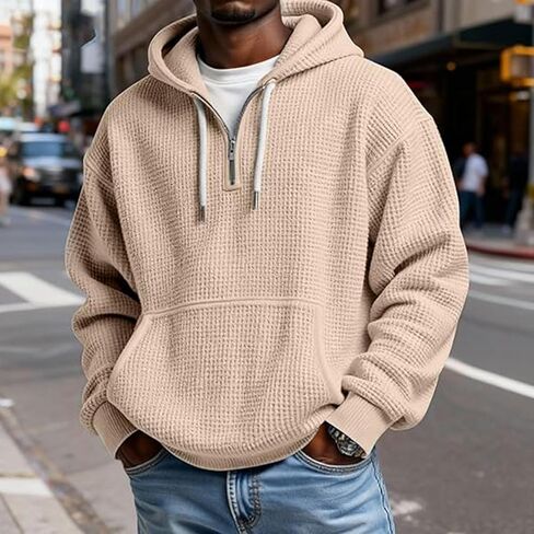 Quarter Zip Pullover Men Big And Tall Waffle Long Sleeve Sweatshirt Oversized Casual Hoodie Sweater With Pockets in Saudi Arabia
