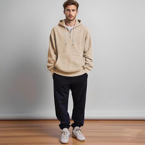 Quarter Zip Pullover Men Big And Tall Waffle Long Sleeve Sweatshirt Oversized Casual Hoodie Sweater With Pockets in Saudi Arabia