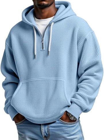 Quarter Zip Pullover Men Big And Tall Waffle Long Sleeve Sweatshirt Oversized Casual Hoodie Sweater With Pockets in Saudi Arabia