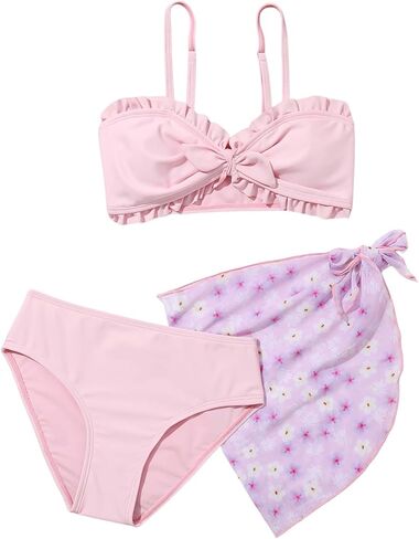 Girl's Swimsuit 3 Piece Floral Print Bikini Set with Beach Skirt Cover Ups Beachwear in Saudi Arabia