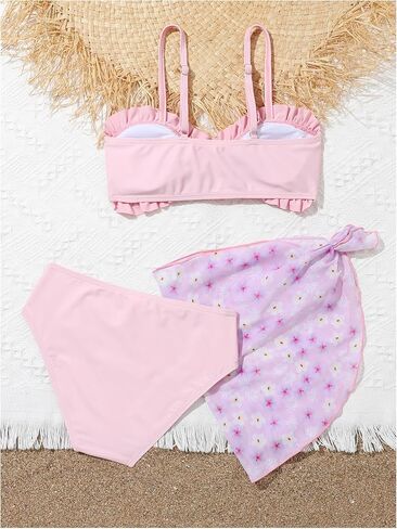 Girl's Swimsuit 3 Piece Floral Print Bikini Set with Beach Skirt Cover Ups Beachwear in Saudi Arabia