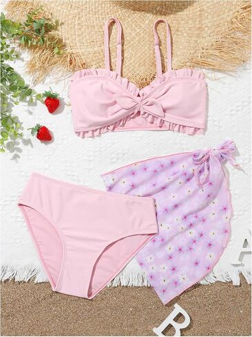 Girl's Swimsuit 3 Piece Floral Print Bikini Set with Beach Skirt Cover Ups Beachwear in Saudi Arabia