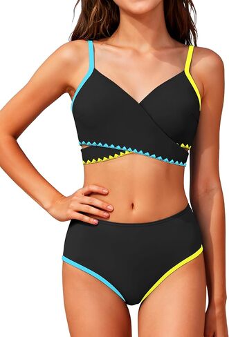 الفتيات ملابس السباحة كتلة اللون متقاطع الخامس الرقبة التباين تقليم نمط هندسي قطعتين مايوه بكيني مجموعة 9-16Y in Kuwait
