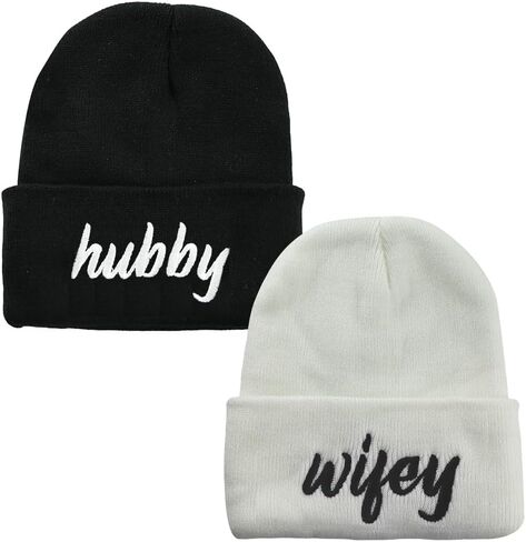 2 PCS Hubby and Wifey Beanie for Men Women, Acrylic Embroidered Couple Gifts Knit Cuff Beanies Hat in Kuwait