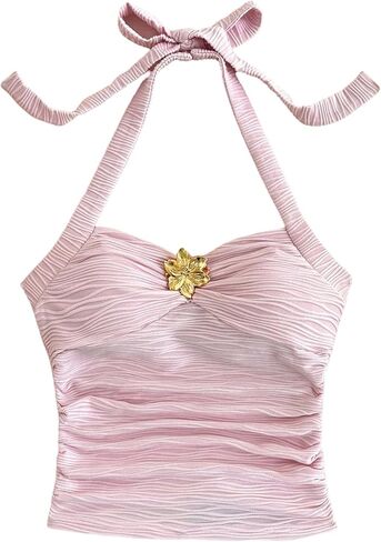 WDIRARA Girl's Ruched Halter Top Metal Decor Textured Sleeveless Tie Backless Tank Tops in Saudi Arabia