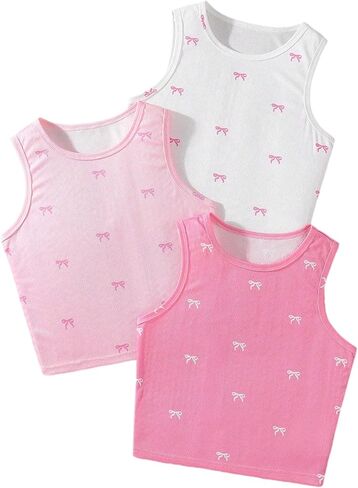 OYOANGLE Girl's 3 Packs Bow Ribbed Knit Tank Tops Crew Neck Sleeveless Camisoles Undershirt in Saudi Arabia