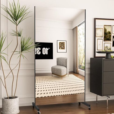 Full Length Mirror with Wheels, 71 "x 40", Black, Nano Film Surface Without Glass, shatterproof, Safe, Lightweight, only 13lbs Easy to Move and Install, for Home Gym, Dance & Yoga Studios. in Kuwait