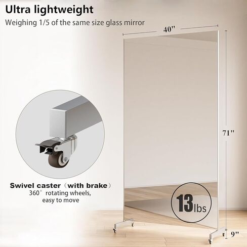 Full Length Mirror with Wheels, 71 "x 40", Black, Nano Film Surface Without Glass, shatterproof, Safe, Lightweight, only 13lbs Easy to Move and Install, for Home Gym, Dance & Yoga Studios. in Kuwait