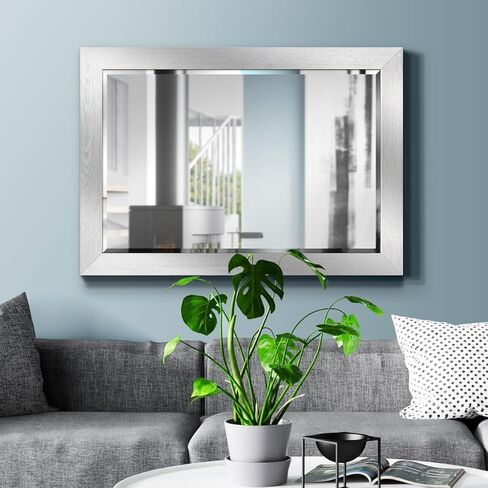 مرآة حائط مستطيلة بإطار من رينديشنز جاليري راستيك بارنوود - فضي، 29X41 in Kuwait