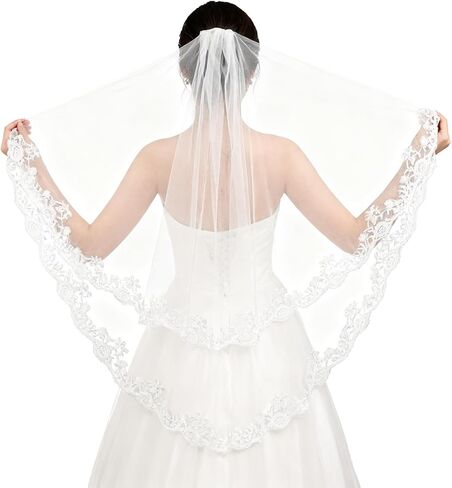 White Lace Veil, Lace Appliques Bridal Veils, Bridal Wedding Veil, Women's Satin Edge Tulle for Wedding, Bachelorette Party, Brides Shower (78cm/30.7 Inches) in Kuwait