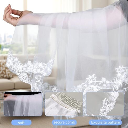 White Lace Veil, Lace Appliques Bridal Veils, Bridal Wedding Veil, Women's Satin Edge Tulle for Wedding, Bachelorette Party, Brides Shower (78cm/30.7 Inches) in Kuwait