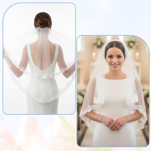 White Lace Veil, Lace Appliques Bridal Veils, Bridal Wedding Veil, Women's Satin Edge Tulle for Wedding, Bachelorette Party, Brides Shower (78cm/30.7 Inches) in Kuwait