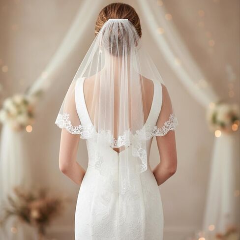 White Lace Veil, Lace Appliques Bridal Veils, Bridal Wedding Veil, Women's Satin Edge Tulle for Wedding, Bachelorette Party, Brides Shower (78cm/30.7 Inches) in Kuwait