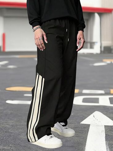 Men's Comfort Fit Straight Leg Long Pants 1-Pack Side Pockets Casual Striped Bottoms for School Street Daily Trendy Wear Blac in Saudi Arabia