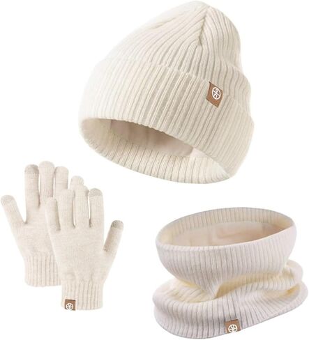 Beanie Hat Scarf Gloves Set for Kids Boys Girls Knitted Gloves Neck Warmer Pompom Cap 3-9 Years in Saudi Arabia