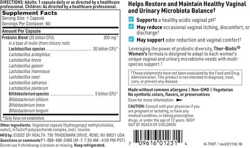 SFI Health Klaire Labs Ther-Biotic Women's - Vaginal Probiotics for Women - Support Healthy Acidic Vaginal pH Balance & Comfort - 25b CFU Lactobacillus & Bifidobacterium, Hypoallergenic (60 Capsules) in Saudi Arabia