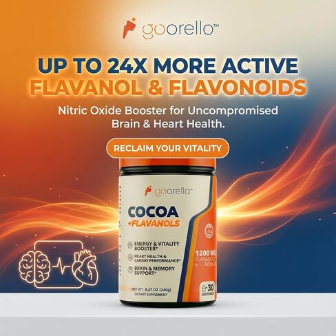 High Flavanol Cocoa Powder Supplement, 1200mg Cocoa Flavanols & Flavonoids per Serving for Support Heart Health, Blood Flow & Nitric Oxide, Dark Cocoa Flavor, 30 Servings in Saudi Arabia
