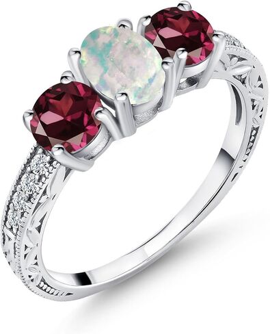 خاتم Gem Stone King 1.95 قيراط كابوشون أبيض مقلد أوبال وعقيق رودوليت أحمر للنساء | 925 فضة استرلينية | خاتم الخطوبة والذكرى السنوية للزفاف للنساء | متوفر بمقاس 5-9 in Kuwait