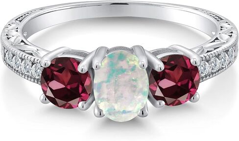 خاتم Gem Stone King 1.95 قيراط كابوشون أبيض مقلد أوبال وعقيق رودوليت أحمر للنساء | 925 فضة استرلينية | خاتم الخطوبة والذكرى السنوية للزفاف للنساء | متوفر بمقاس 5-9 in Kuwait